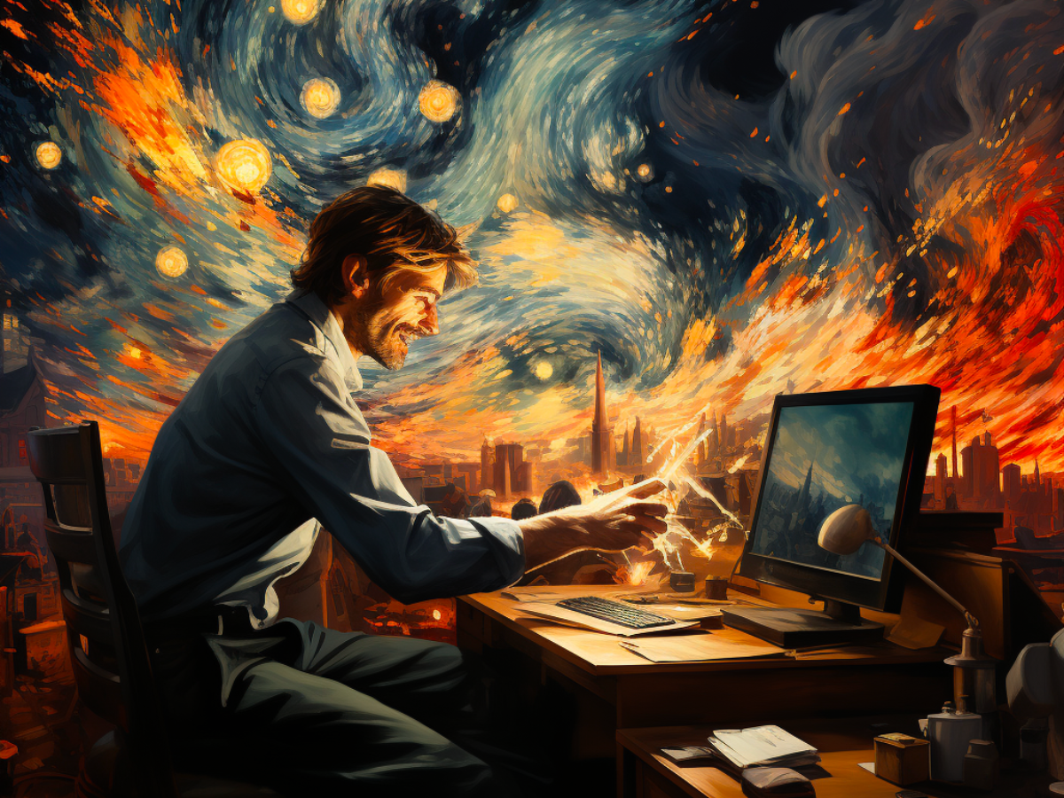 A Hiring Manager Looking into Computer To Attract Talent. Style of Vincent Van Gogh, Starry Night